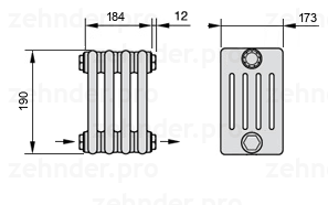 Схема (чертеж) Радиатор Zehnder Charleston 5019/4 №2670 Белый глянцевый RAL 9016